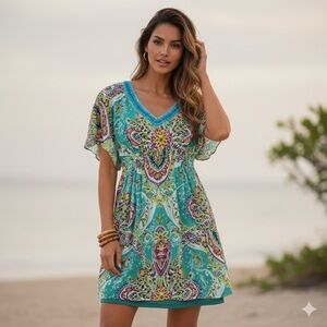 Jolie Boho Flowy Beaded Paisley Mini Dress Turquoise Teal Size 12